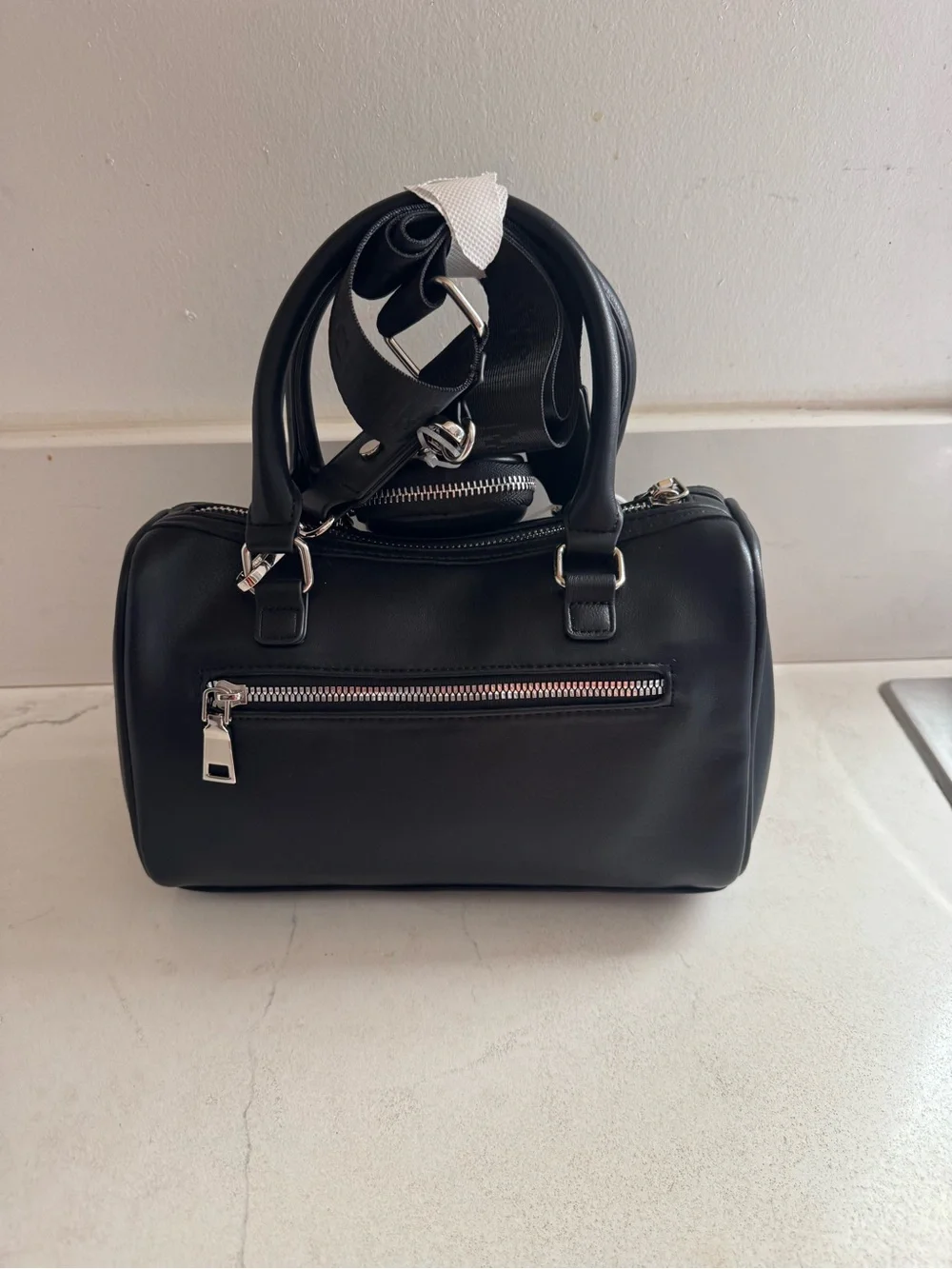 NWT- core barrel Madden NYC Black Satchel with Wide Logo Strap.
